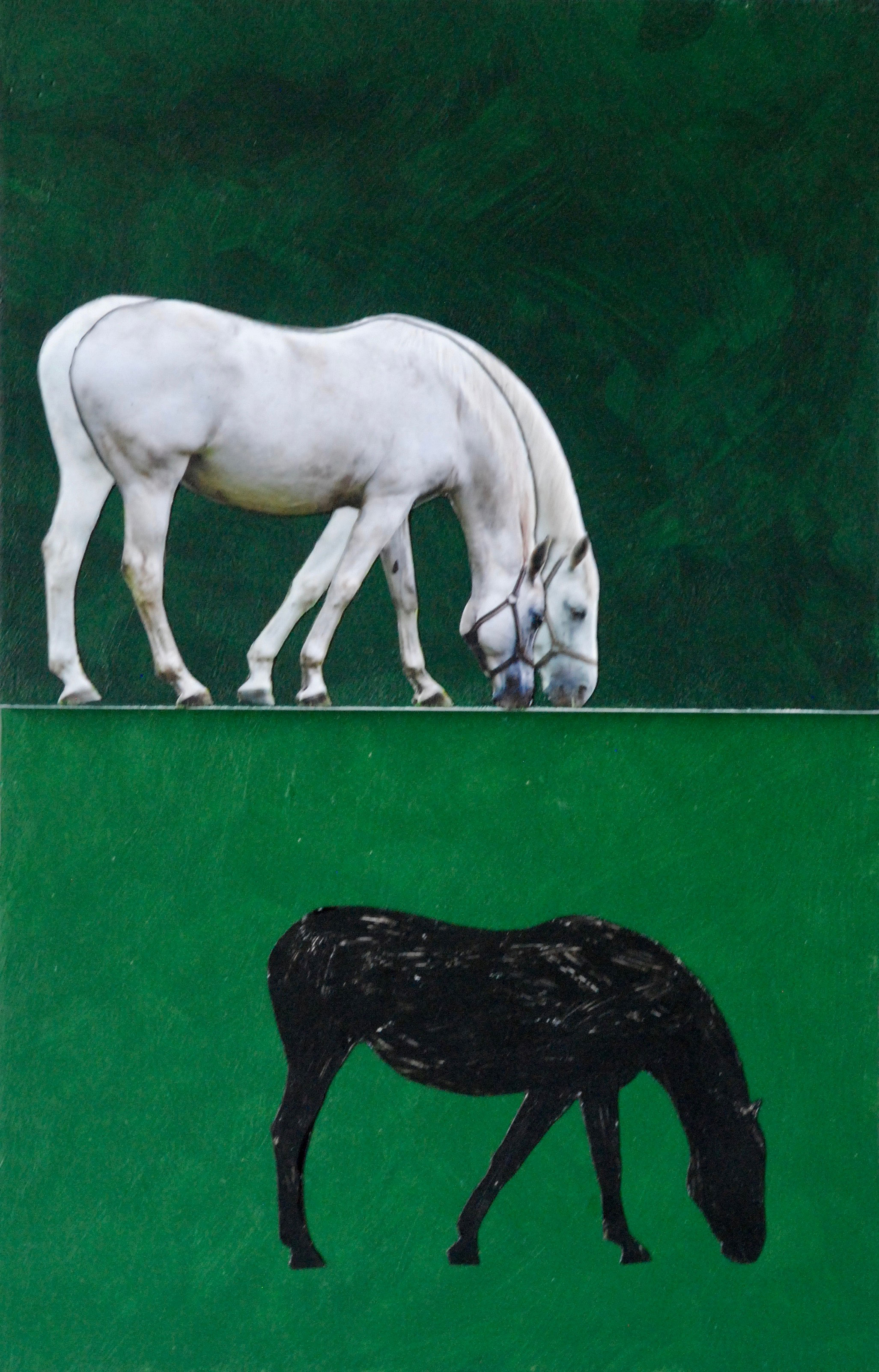 drie paarden in een groene wei - 19,5 x 29,7 x 2 cm